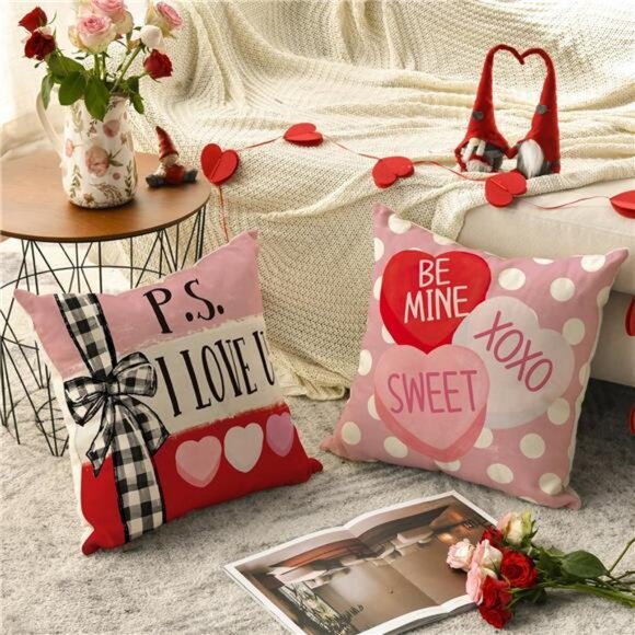 Lovely Be My Valentine Red Candy Heart Throw  4 Pillow Covers, 18 x 18 - Picture 5 of 7